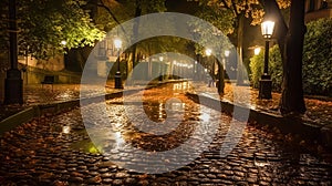 Night park after rain, illuminated by lanterns