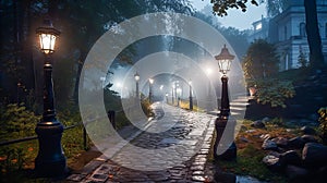 Night park after rain, illuminated by lanterns