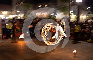 Night party. Amazing fire show performance. Long exposure