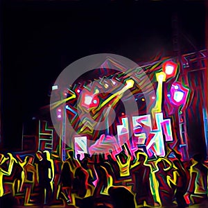 Night party with dancing people and scene lights. Neon glow digital illustration of open air.