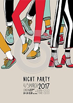 Night party hand drawn colorful poster with dancing legs. Dance, event, festival vector Illustration placard.