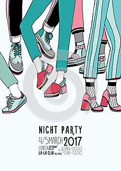 Night party hand drawn colorful poster with dancing legs. Dance, event, festival vector Illustration placard.