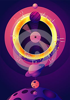 Night party music poster with space object and star. Retro futuristick illustration. Electronic dance festival banner