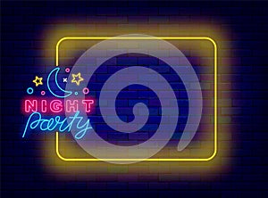 Night party neon invitation. Dance show. Greeting card. Empty frame and typography with moon. Vector stock illustration