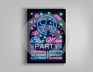 Night party poster design template in neon style. Blue moon night party neon sign, light banner, flyer bright nightlife