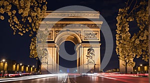 Night photo of the Arc de Triomphe - Arch of Triumph, Paris, France