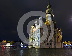 Night photo of beautiful historical city hall in Poznan,Poland