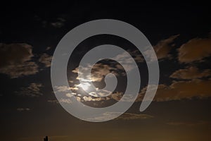 Night photo and full moon on sky and clouds