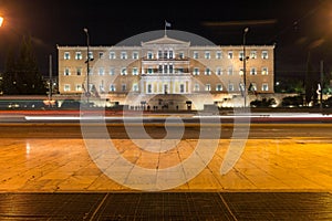 Night photo of The Greek parliament in Athens, Greece