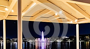 Night photo of the Heartland of America Park at the Riverfront Omaha Nebraska.