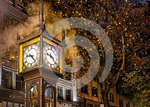 Night photo of iconic Gastown Steam Clock in Vancouver, British Columbia, Canada