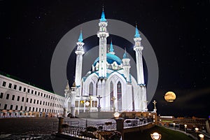 Night photo Kul Sharif Mosque islam and Kremlin Kazan Republic of Tatarstan with moon, Travel Russia