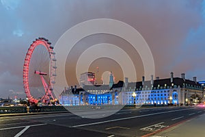 Night photo of The London Eye and County Hall from Westminster bridge, London, England, Great Brit