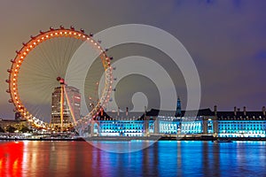 Night photo of The London Eye and County Hall from Westminster bridge, London, England, Great Brit