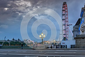 Night photo of The London Eye and County Hall from Westminster bridge, London, England, Great Brit