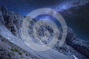 night photo with milky way of the rocky complex of the gran sasso d\'italia
