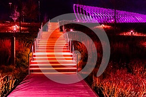 Night photo of one of the many steps and stairs at the Heartland of America Park at the Riverfront in Omaha Nebraska USA