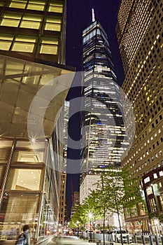 Night photo of One World Trade Center formerly known as Freedom tower New York City USA