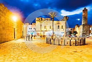 Night photo of ribat castle in Sousse.