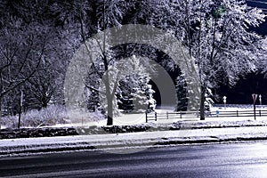 Night photo of the road and trees covered with white magical hoarfrost and sparkling sparkling ice, a winter night`s tale.