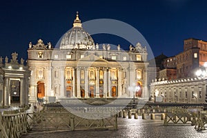 Night photo of Vatican and St. Peter`s Basilica in Rome, Italy
