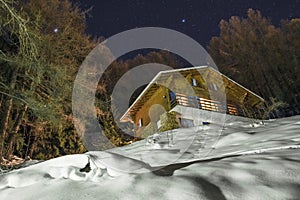 Night photo of Veysonnaz in Alps mountain resort Les 4 Vallees Switzerland photo