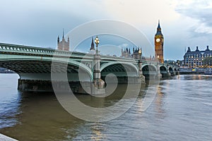 Night photo of Westminster Bridge and Big Ben, London, England