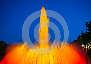 Night Photograph Of The Performance Of The Singing Magic Fountain Of Montjuic In Barcelona, Catalonia, Spain