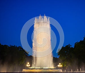 Night Photograph Of The Performance Of The Singing Magic Fountain Of Montjuic In Barcelona, Catalonia, Spain