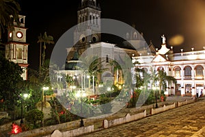 night photography center of the magical town Cuetzalan Pueblo with view of the government palace, kiosk and the church of San Fra