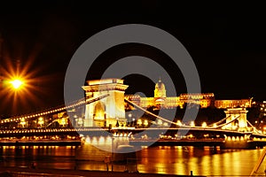 Night photography Chain bridge on Danube river in Budapest city.