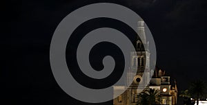 Night photography in Cuetzalan Puebla, view of the church of San Francisco de Asis and moon