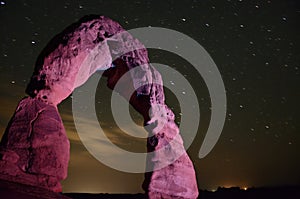 Night photography of landmark Delicate Arch - Arches National Park Moab Utah.