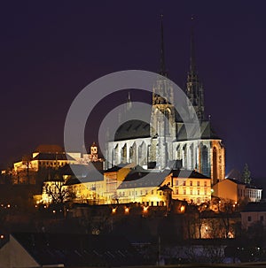 Night Photography. Petrov - St. Peters and Paul church in Brno city.Urban old architecture. Central Europe Czech Republic.