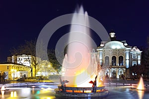 Night photos of Fountain in front of city hall in the center of Plovdiv, Bulgaria