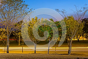 Night picture with light trails of cars on a road in Palmas City, Tocantins, Brazil.