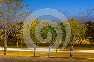 Night picture with light trails of cars on a road in Palmas City, Tocantins, Brazil