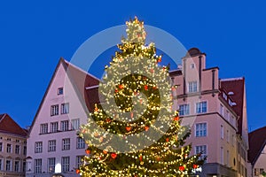 Night picturesque view of the Christmas tree on the famous Town Hall Square in the historical part of Tallinn.