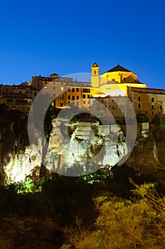 Night picturesque view of houses on rock in Cuenca