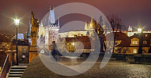 Panorama from Charles Bridge. Landmark attraction in Prague: Prague Castle and Catholic Saint Vitus Cathedral - Czech Republic