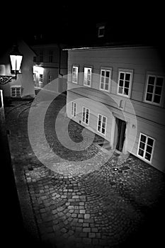 Night prague street in lights Black and white