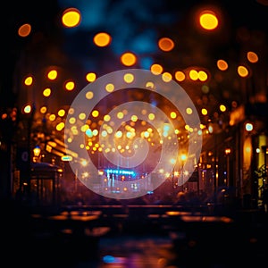 Night pub vibes, bokeh lights, beautiful celebration, nighttime travel ambiance