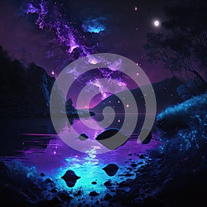 night river landscape with bioluminescent blue water, purple particles, starry sky and moon created by generative AI