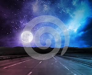Night road background with moon and stars