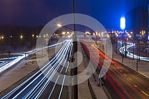 Night road in the city with car the light trails