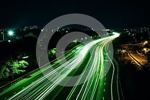 Night road with green lines. Green transportation and decarbonization concept