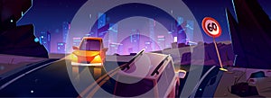 Night road to neon city building vector background