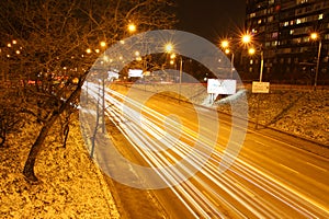 Night road traffic in Kyiv, Ukraine