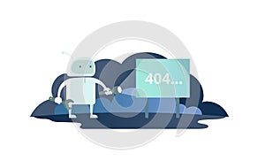Night robot with flashlight in space signboard 404 error. cute Illustration for error page 404 not found