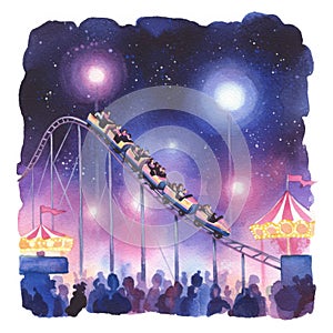 Night Rollercoaster Ride with Fireworks and Crowd
